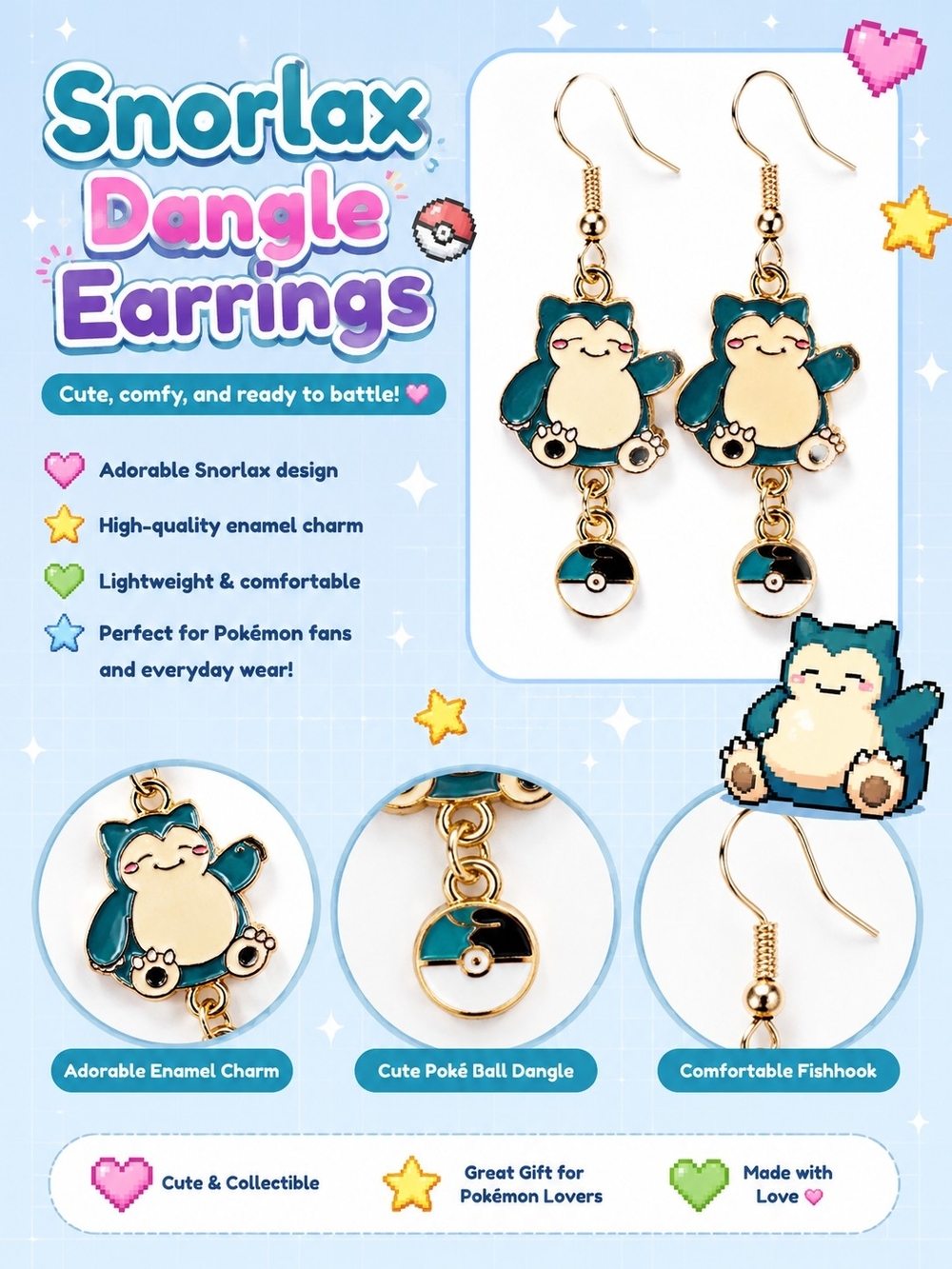 Snorlax Dangle Earrings - Teal and Cream Enamel Pokémon Jewelry